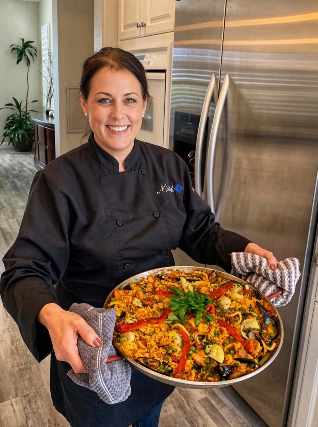 Chef Marcela Rodríguez holding a paella pan in a home kitchen